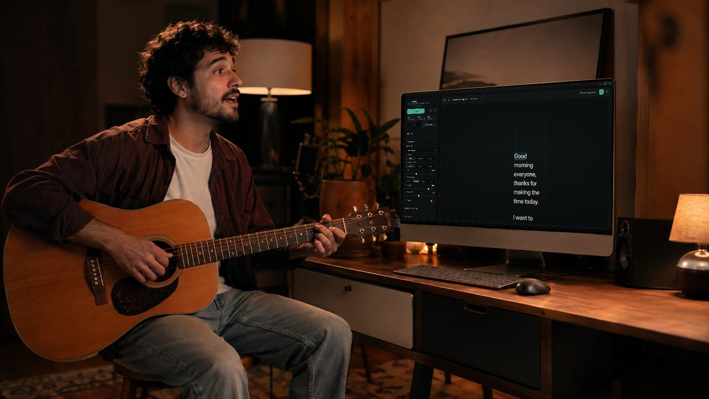 A singer practising with lyrics on screen