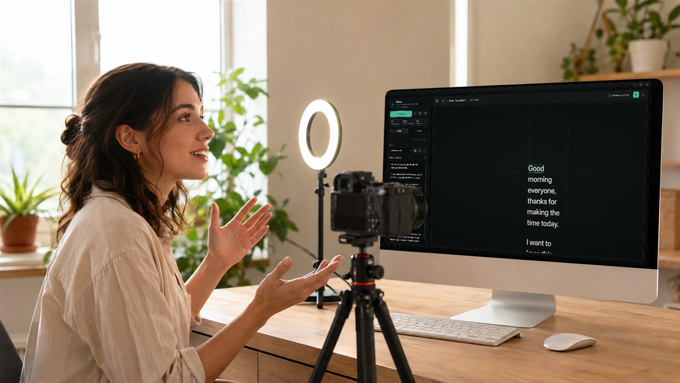 A creator speaking to a camera with her script on the screen beside her